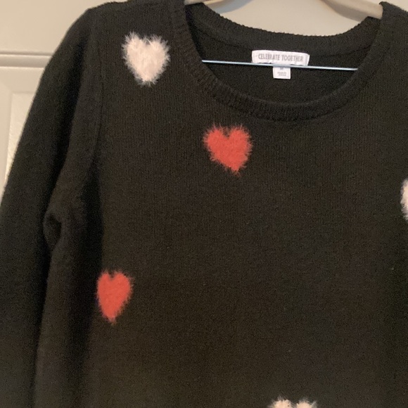 Celebrate Together Sweater Womens Med Black With Fuzzy Hearts Knit Hole - Picture 3 of 10